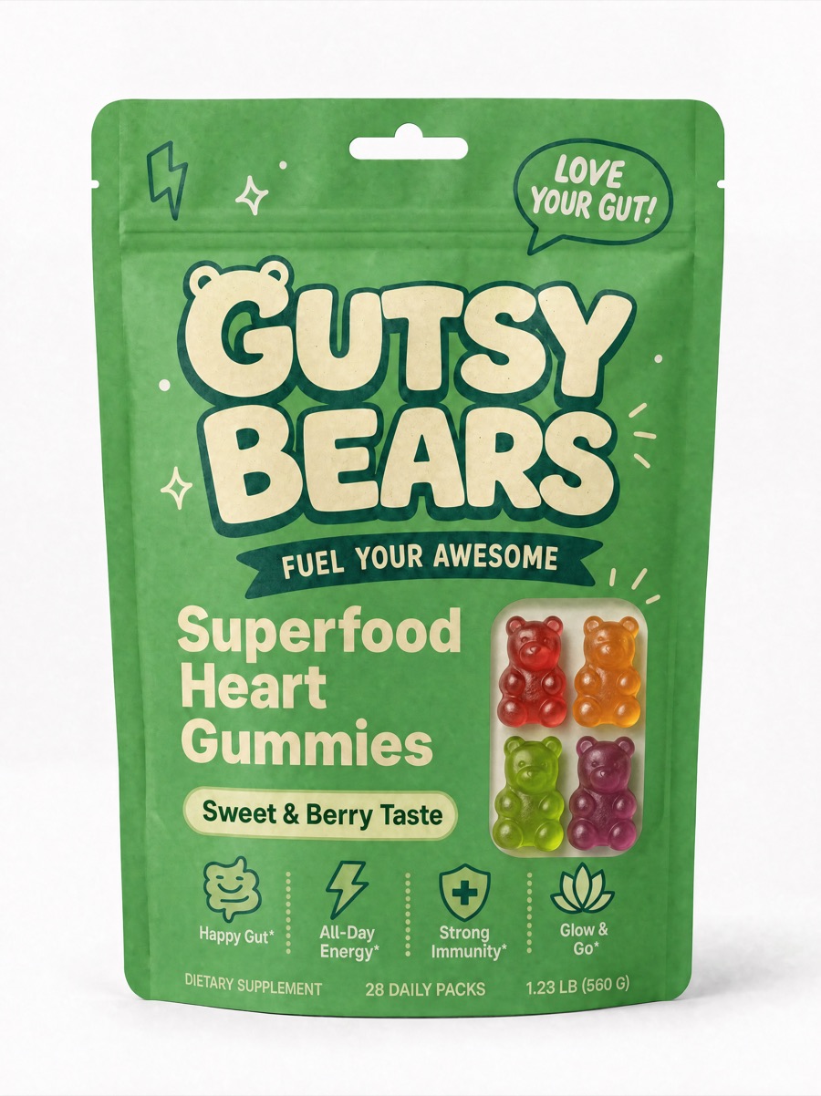 The product: a pack of Gutsy Bears superfood gummies